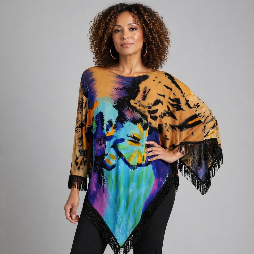 DOR DOR COUTURE Size Large One Sleeve Fringed Artsy Poncho Handkerchief Top